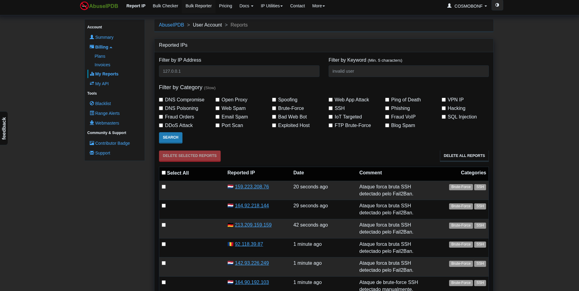 Relato de IP malicioso no AbuseIPDB