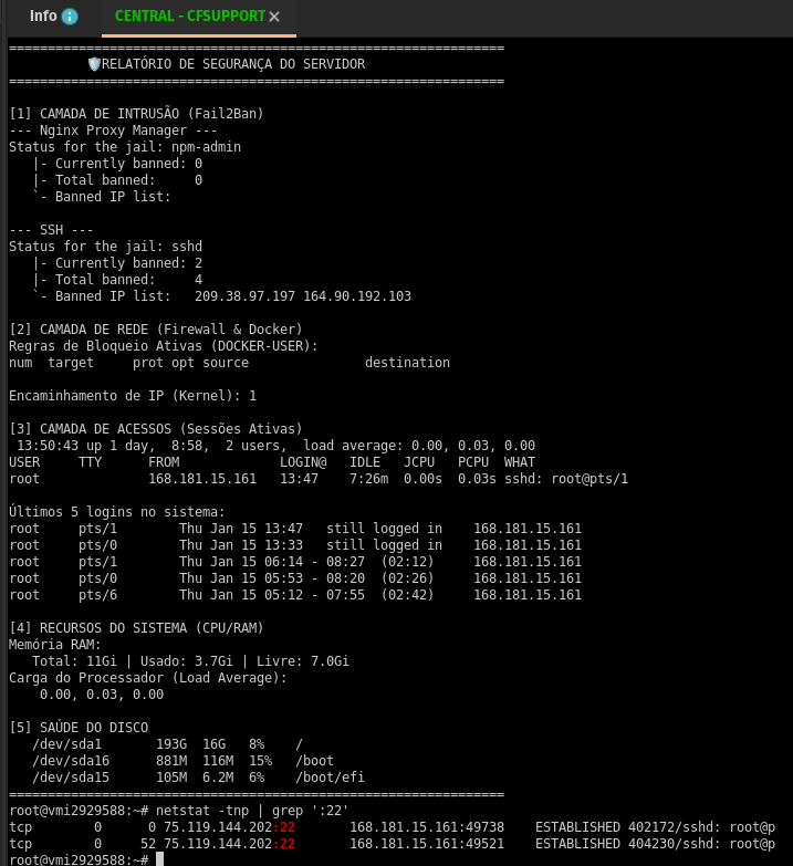 Relatório de segurança em terminal